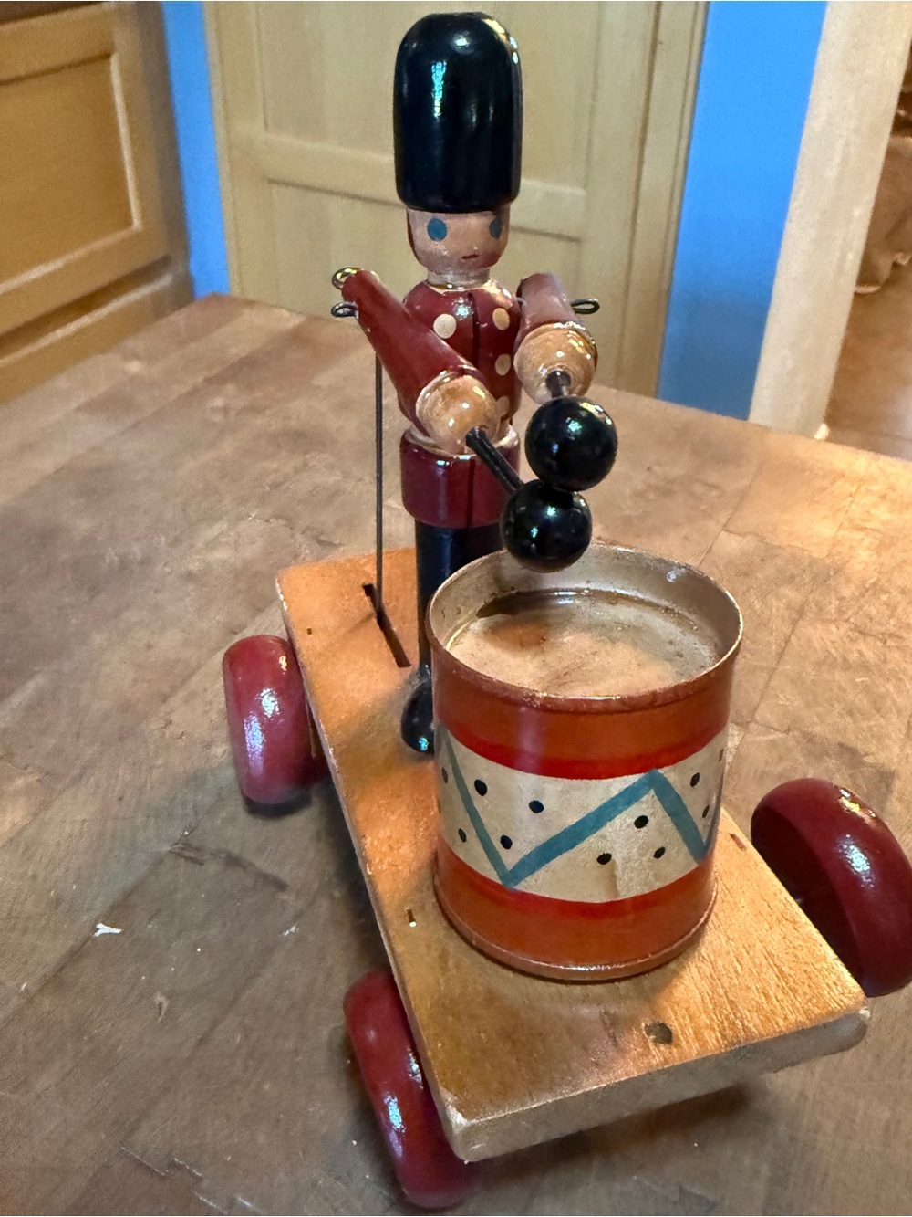 Vintage 1983 Folk Art Wooden Toy Drummer Figurine Pull Toy Red Black Home Accent